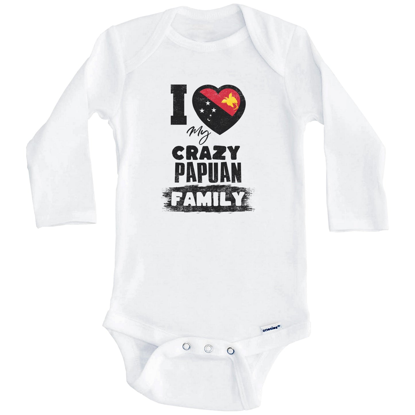 I Love My Crazy Papuan Family Funny Papua New Guinea Flag Baby Bodysuit (Long Sleeves)