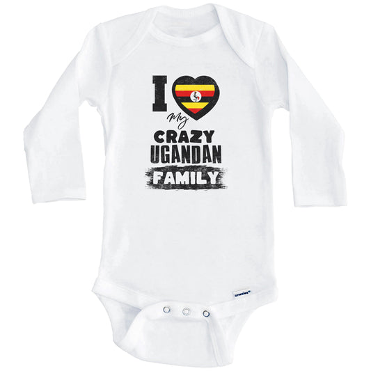 I Love My Crazy Ugandan Family Funny Uganda Flag Baby Bodysuit (Long Sleeves)