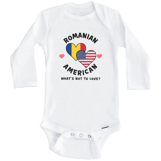 Romanian American What's Not To Love Heart Flags Baby Bodysuit (Long Sleeves)