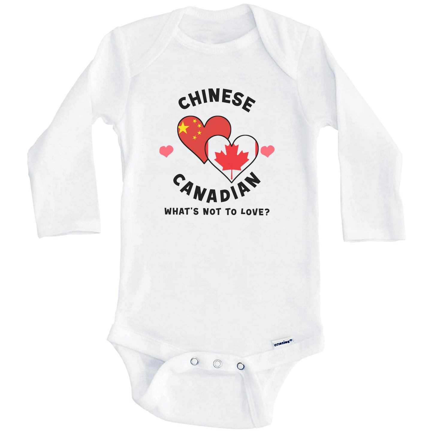 Chinese Canadian What's Not To Love Heart Flags Baby Bodysuit (Long Sleeves)