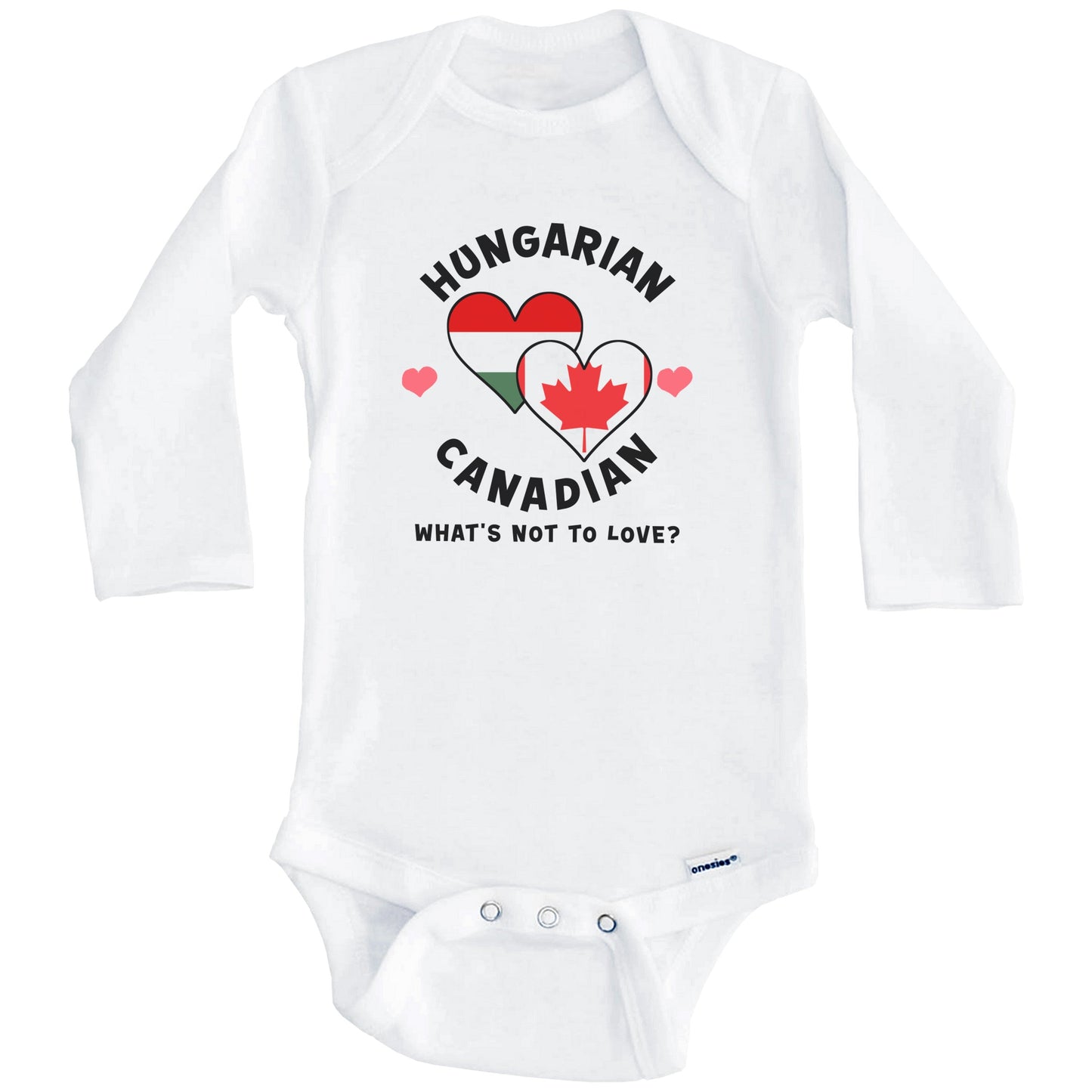 Hungarian Canadian What's Not To Love Heart Flags Baby Bodysuit (Long Sleeves)