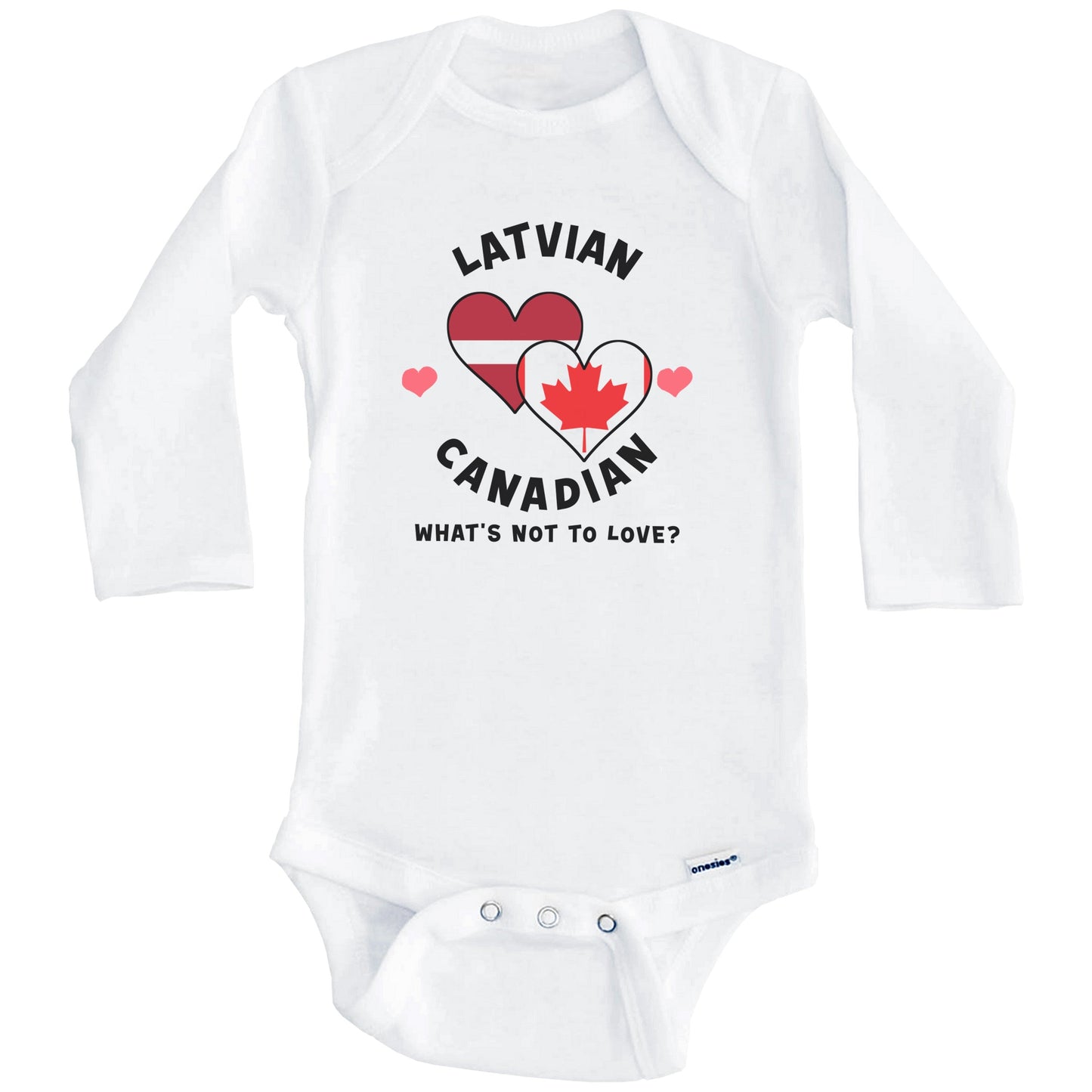 Latvian Canadian What's Not To Love Heart Flags Baby Bodysuit (Long Sleeves)