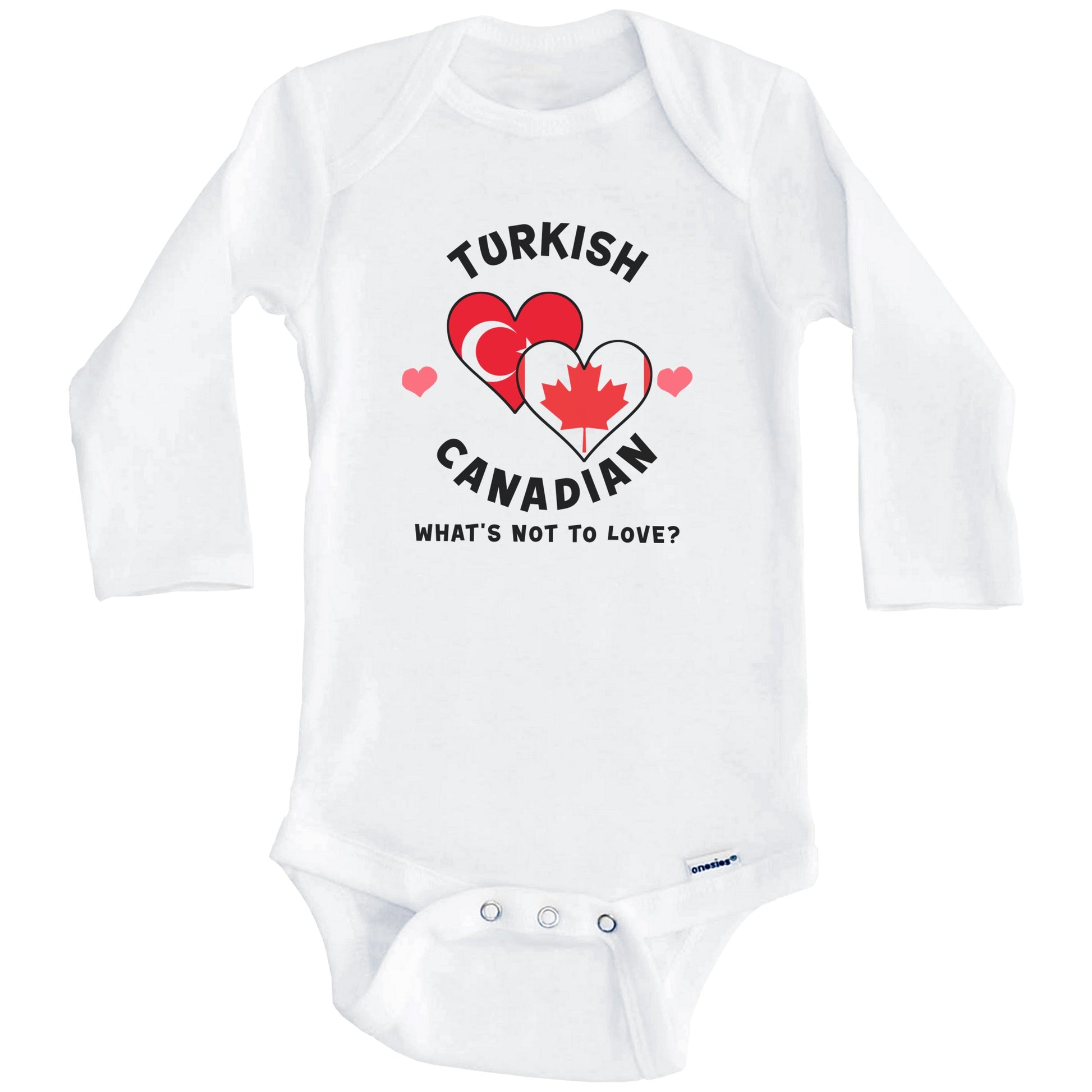 Turkish Canadian What's Not To Love Heart Flags Baby Bodysuit (Long Sleeves)