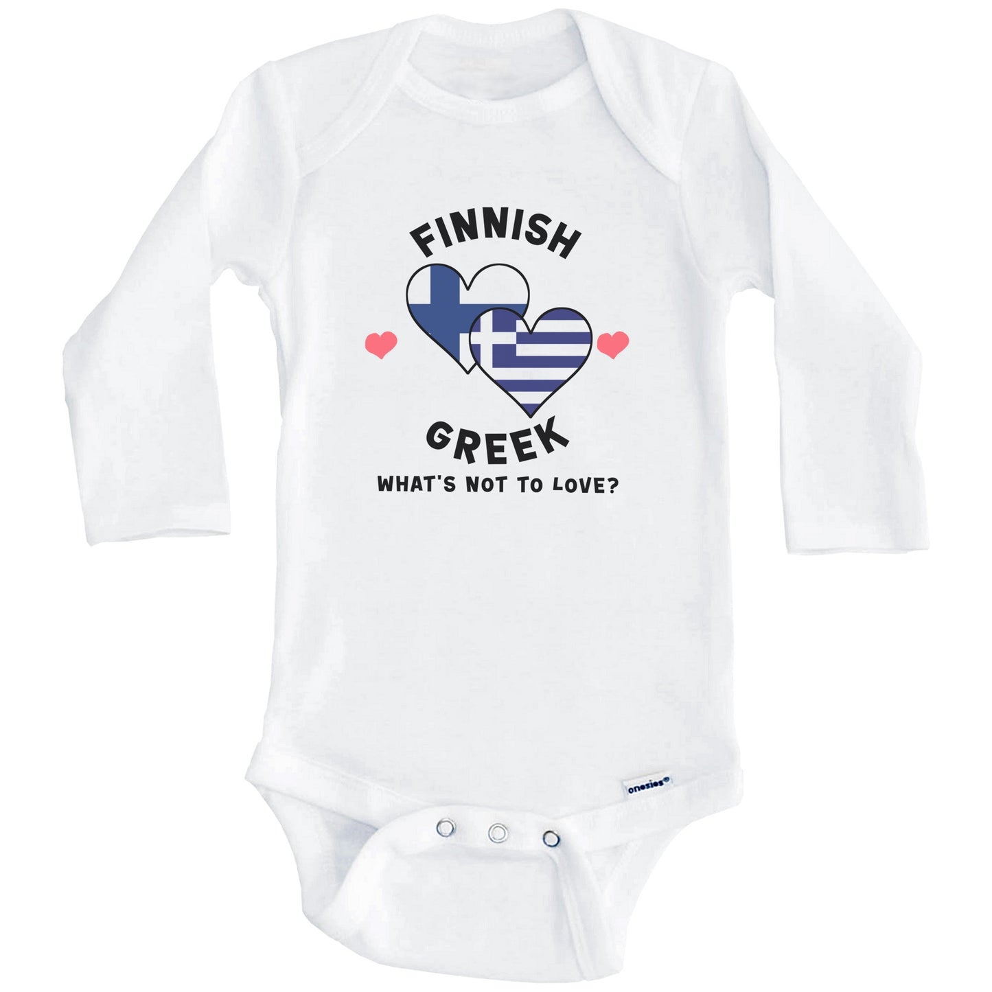 Finnish Greek What's Not To Love Heart Flags Baby Bodysuit (Long Sleeves)