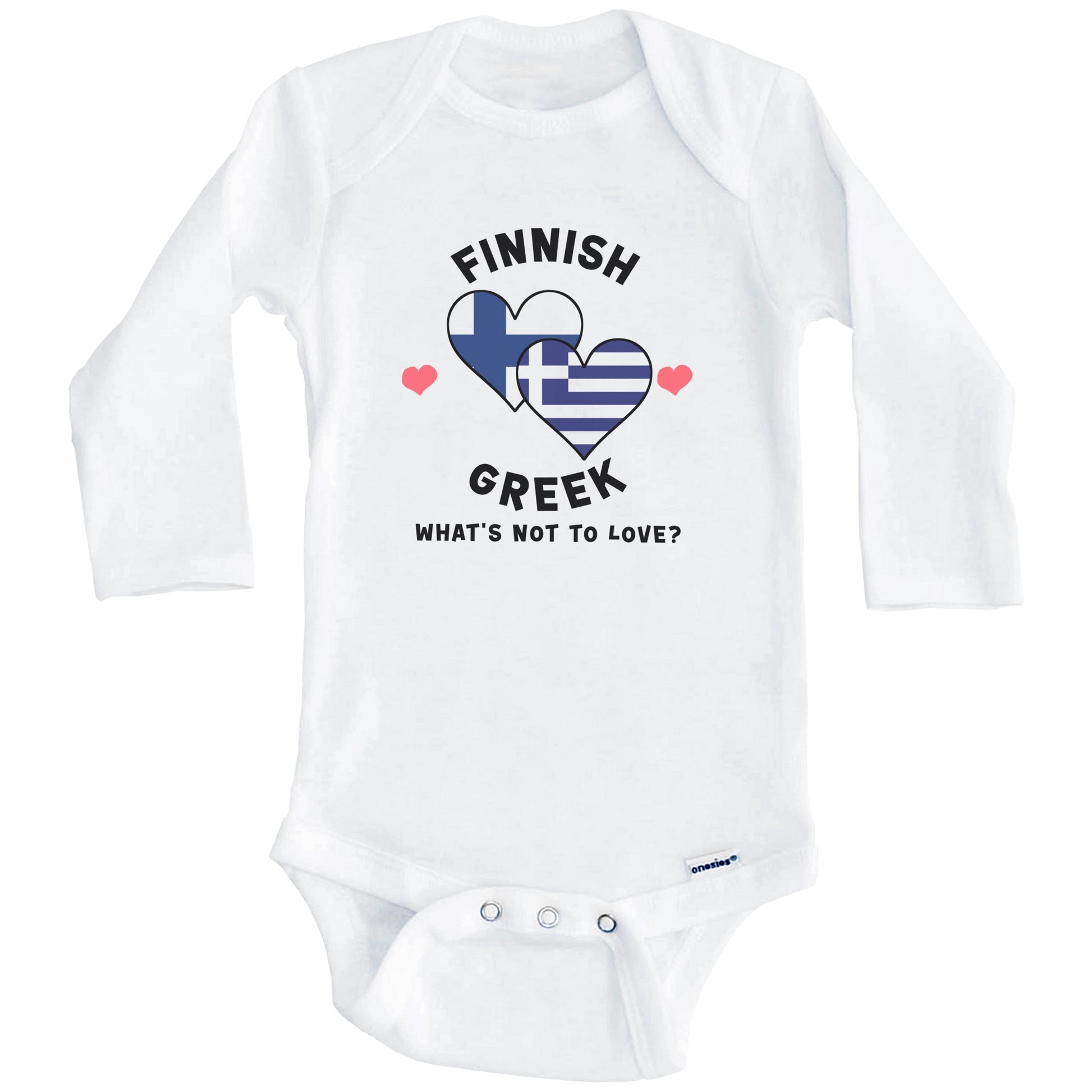 Finnish Greek What's Not To Love Heart Flags Baby Bodysuit (Long Sleeves)