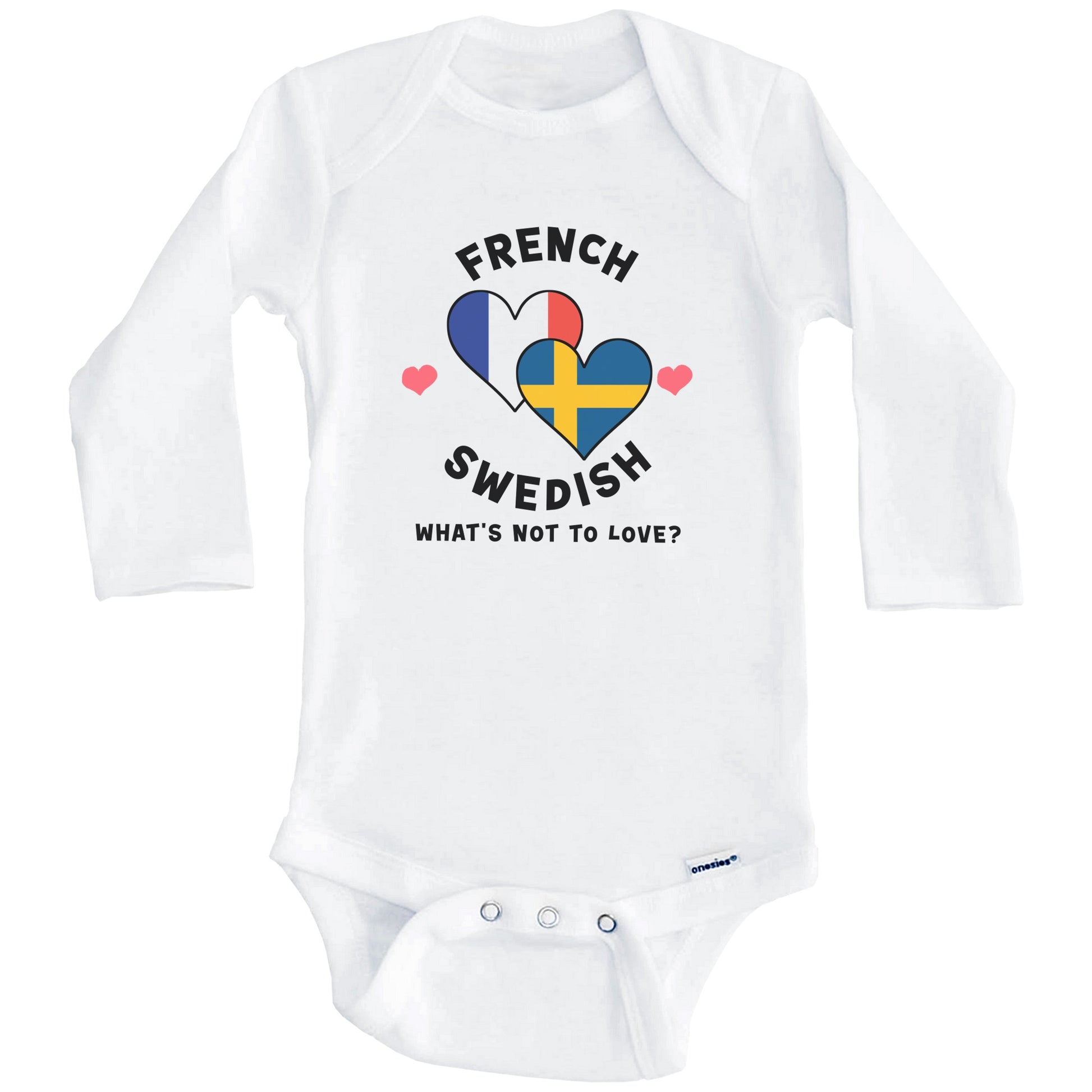 French Swedish What's Not To Love Heart Flags Baby Bodysuit (Long Sleeves)