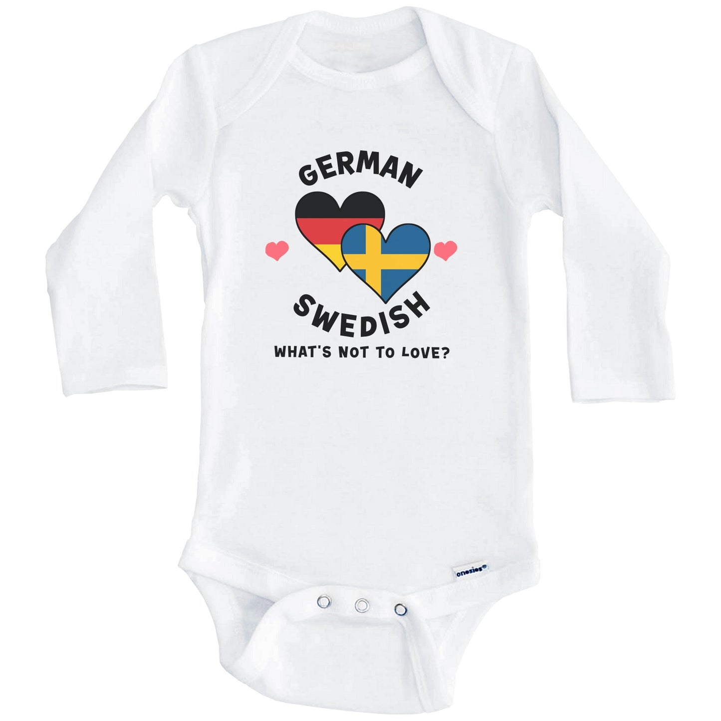 German Swedish What's Not To Love Heart Flags Baby Bodysuit (Long Sleeves)