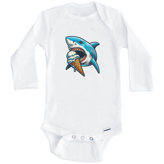 Great White Shark Eating Ice Cream Funny Cartoon Summer Baby Bodysuit (Long Sleeves)