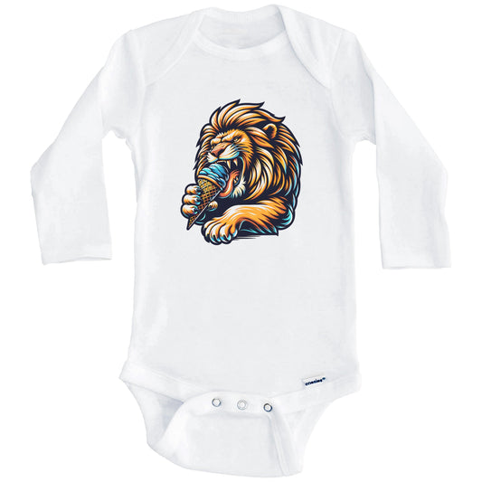 Lion Eating Ice Cream Funny Cartoon Summer Baby Bodysuit (Long Sleeves)