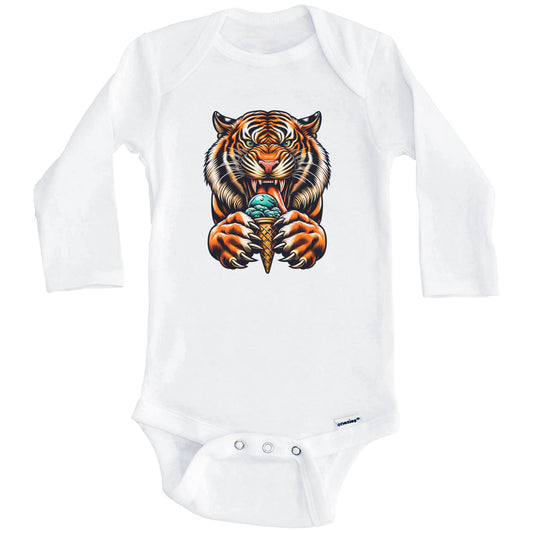 Tiger Eating Ice Cream Funny Cartoon Summer Baby Bodysuit (Long Sleeves)