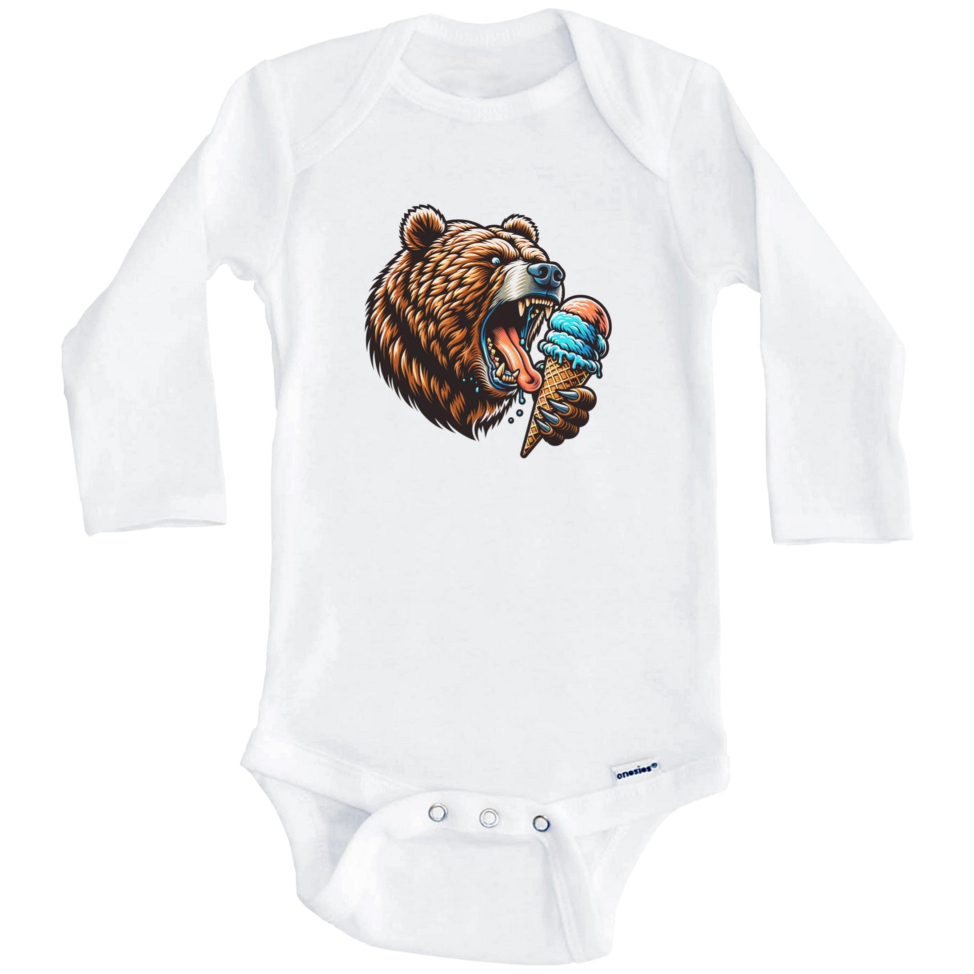 Grizzly Bear Eating Ice Cream Funny Cartoon Summer Baby Bodysuit (Long Sleeves)