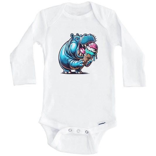 Hippopotamus Eating Ice Cream Funny Cartoon Summer Hippo Baby Bodysuit (Long Sleeves)