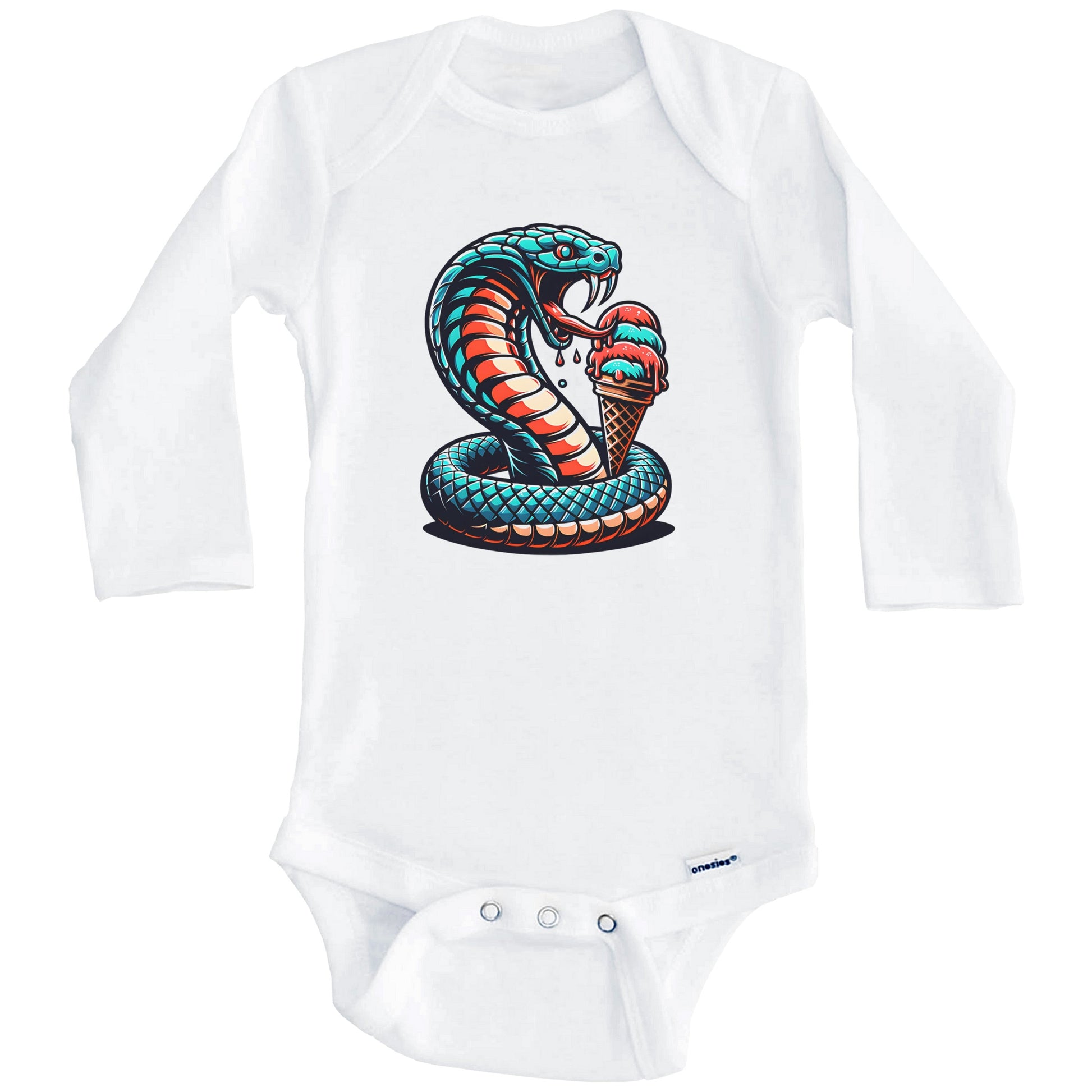 Cobra Snake Eating Ice Cream Funny Cartoon Summer Baby Bodysuit (Long Sleeves)