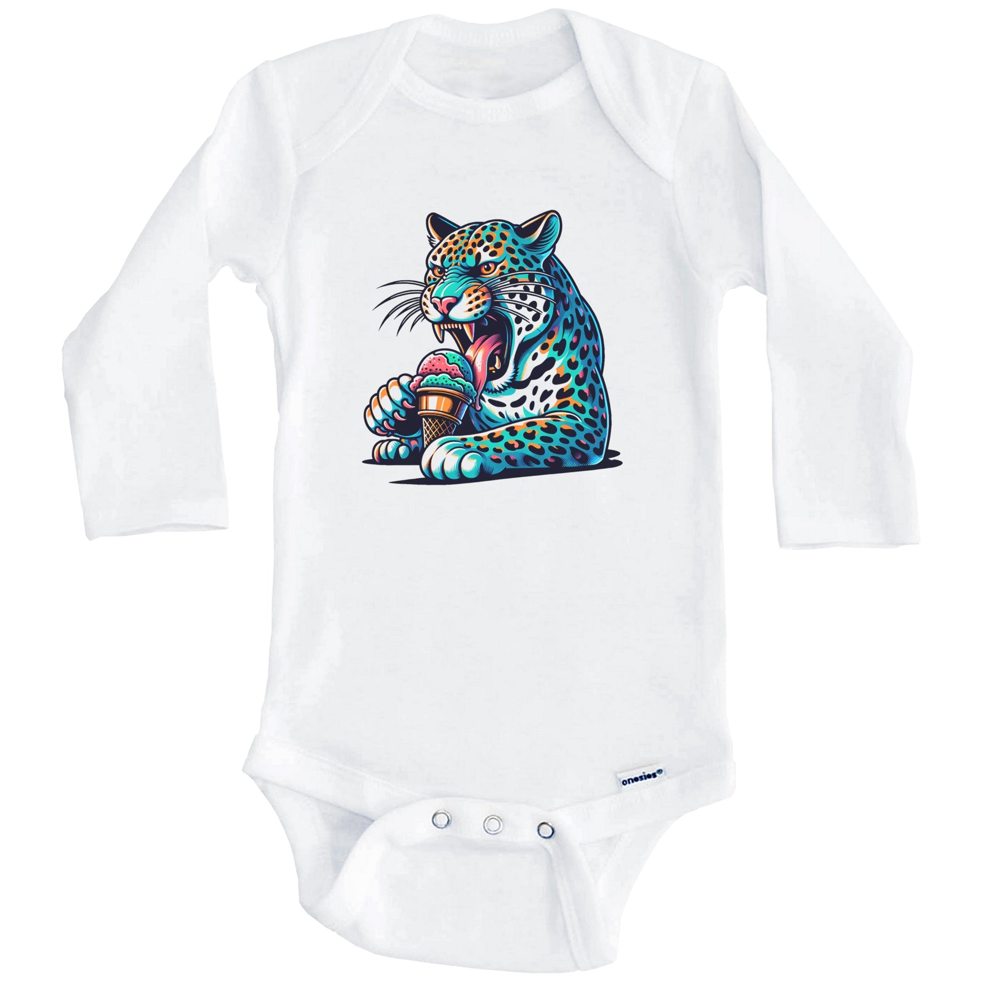 Leopard Eating Ice Cream Funny Cartoon Summer Baby Bodysuit (Long Sleeves)
