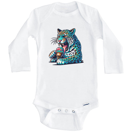 Leopard Eating Ice Cream Funny Cartoon Summer Baby Bodysuit (Long Sleeves)