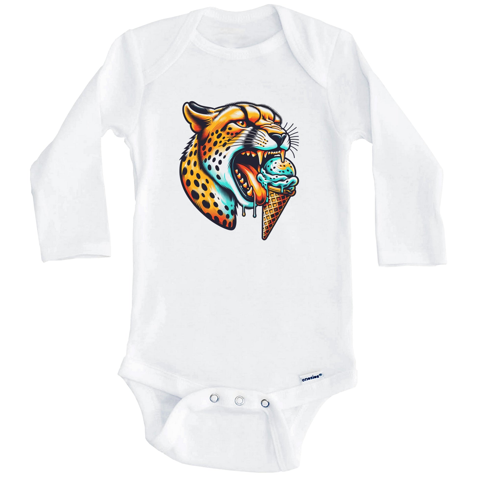 Cheetah Eating Ice Cream Funny Cartoon Summer Baby Bodysuit (Long Sleeves)