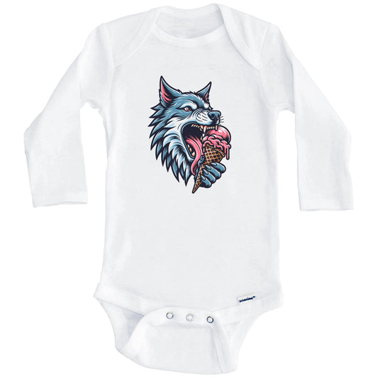 Grey Wolf Eating Ice Cream Funny Cartoon Summer Baby Bodysuit (Long Sleeves)