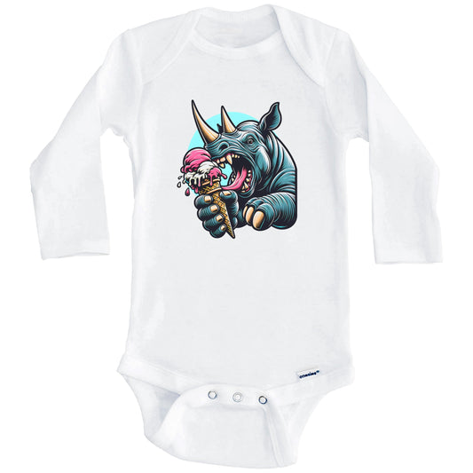 Rhinoceros Eating Ice Cream Funny Cartoon Summer Rhino Baby Bodysuit (Long Sleeves)