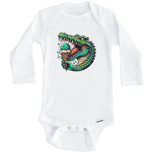 Crocodile Eating Ice Cream Funny Cartoon Summer Baby Bodysuit (Long Sleeves)