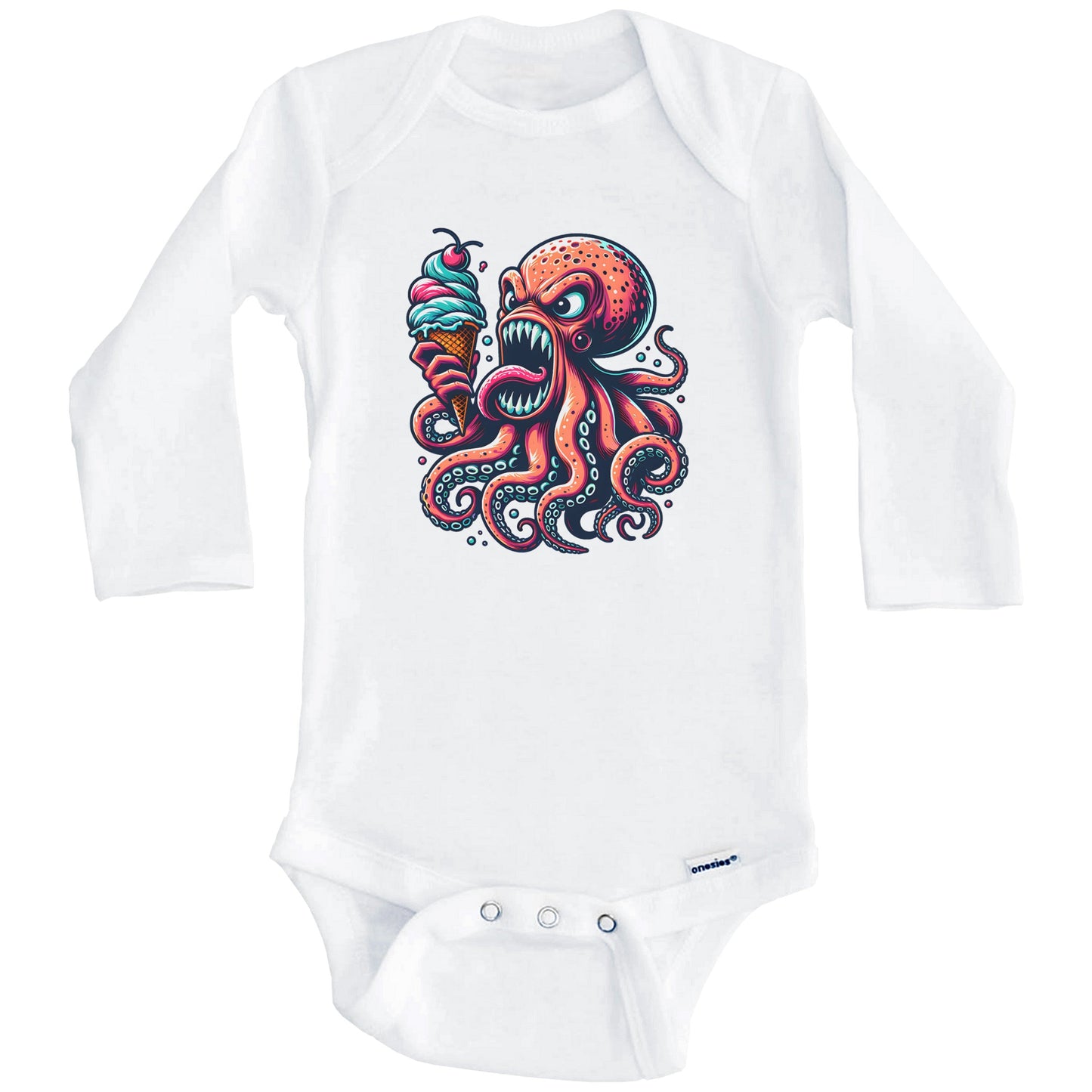 Octopus Eating Ice Cream Funny Cartoon Summer Baby Bodysuit (Long Sleeves)