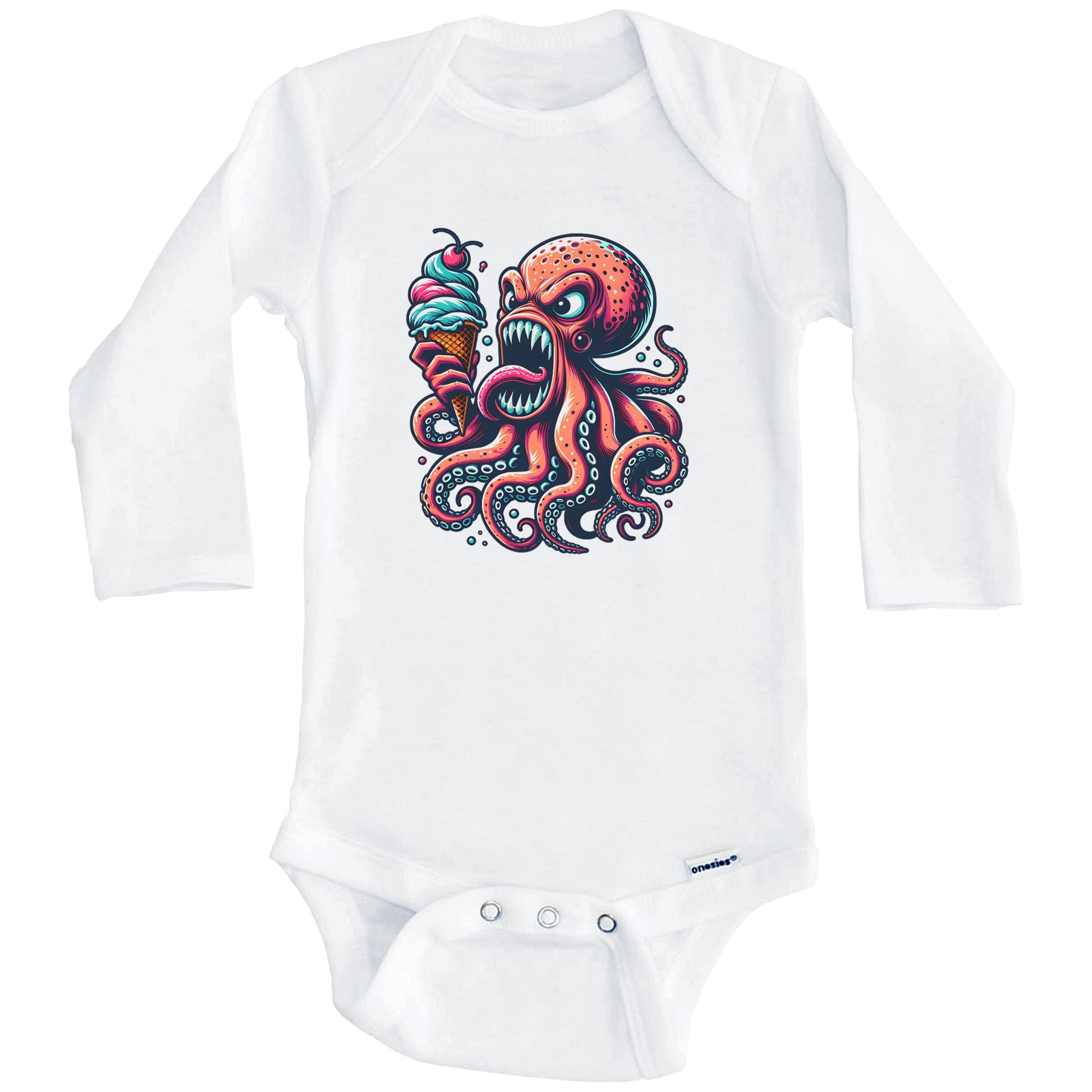 Octopus Eating Ice Cream Funny Cartoon Summer Baby Bodysuit (Long Sleeves)
