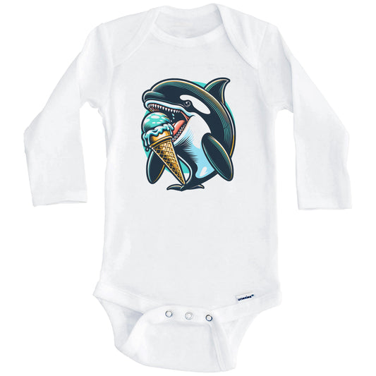 Orca Whale Eating Ice Cream Funny Cartoon Summer Baby Bodysuit (Long Sleeves)