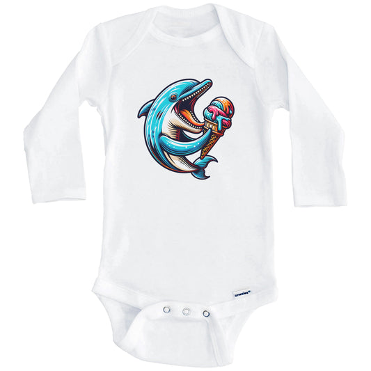 Dolphin Eating Ice Cream Funny Cartoon Summer Baby Bodysuit (Long Sleeves)