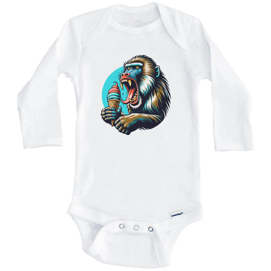 Baboon Eating Ice Cream Funny Cartoon Summer Monkey Baby Bodysuit (Long Sleeves)