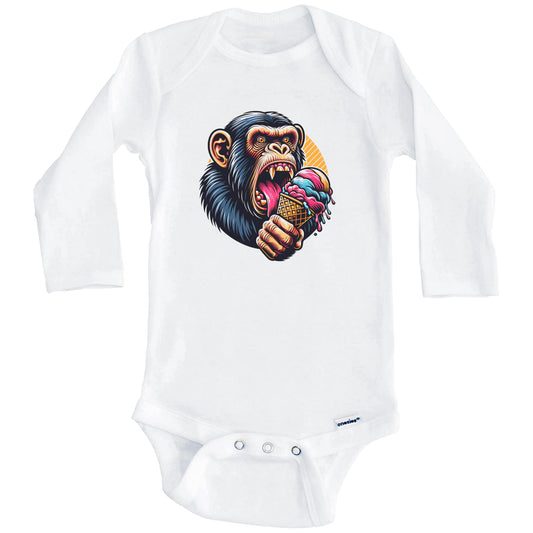 Chimpanzee Eating Ice Cream Funny Cartoon Summer Chimp Baby Bodysuit (Long Sleeves)
