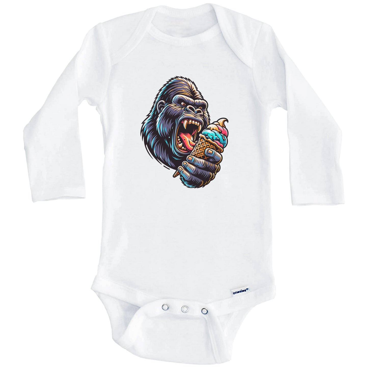 Gorilla Eating Ice Cream Funny Cartoon Summer Ape Baby Bodysuit (Long Sleeves)