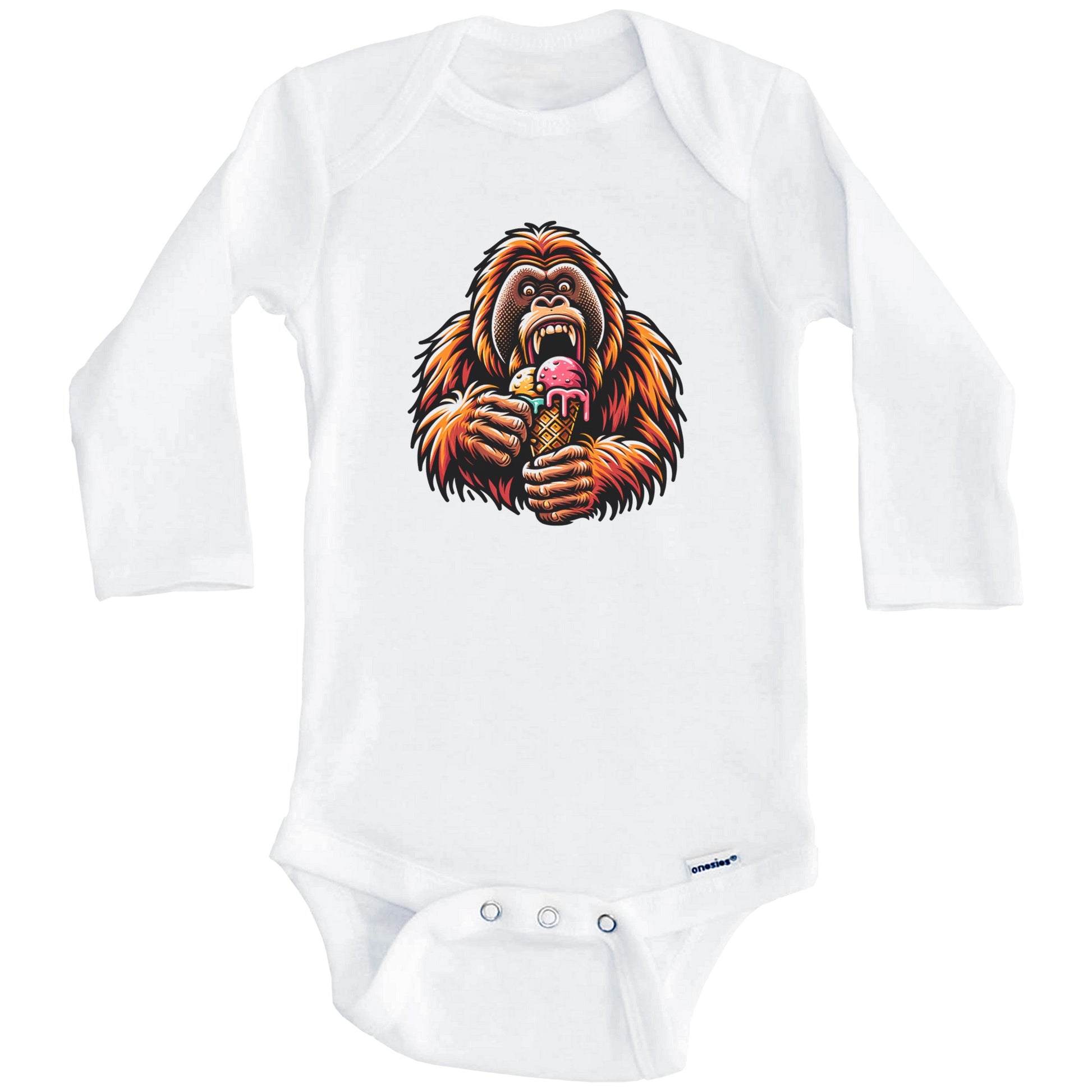 Orangutan Eating Ice Cream Funny Cartoon Summer Ape Baby Bodysuit (Long Sleeves)