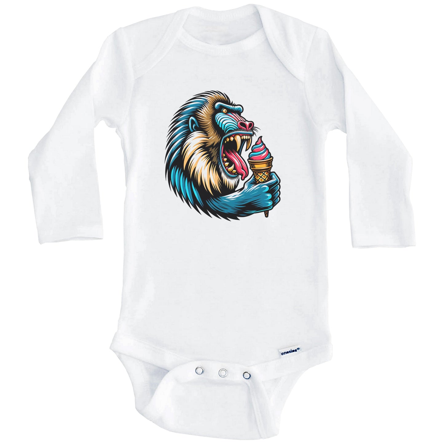 Mandrill Eating Ice Cream Funny Cartoon Summer Baboon Baby Bodysuit (Long Sleeves)