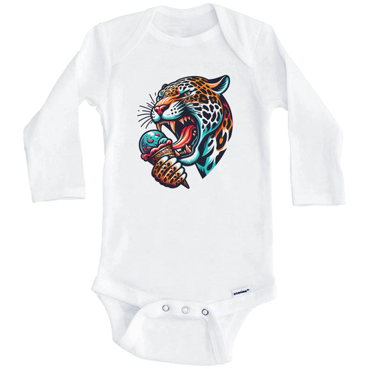 Jaguar Eating Ice Cream Funny Cartoon Summer Baby Bodysuit (Long Sleeves)