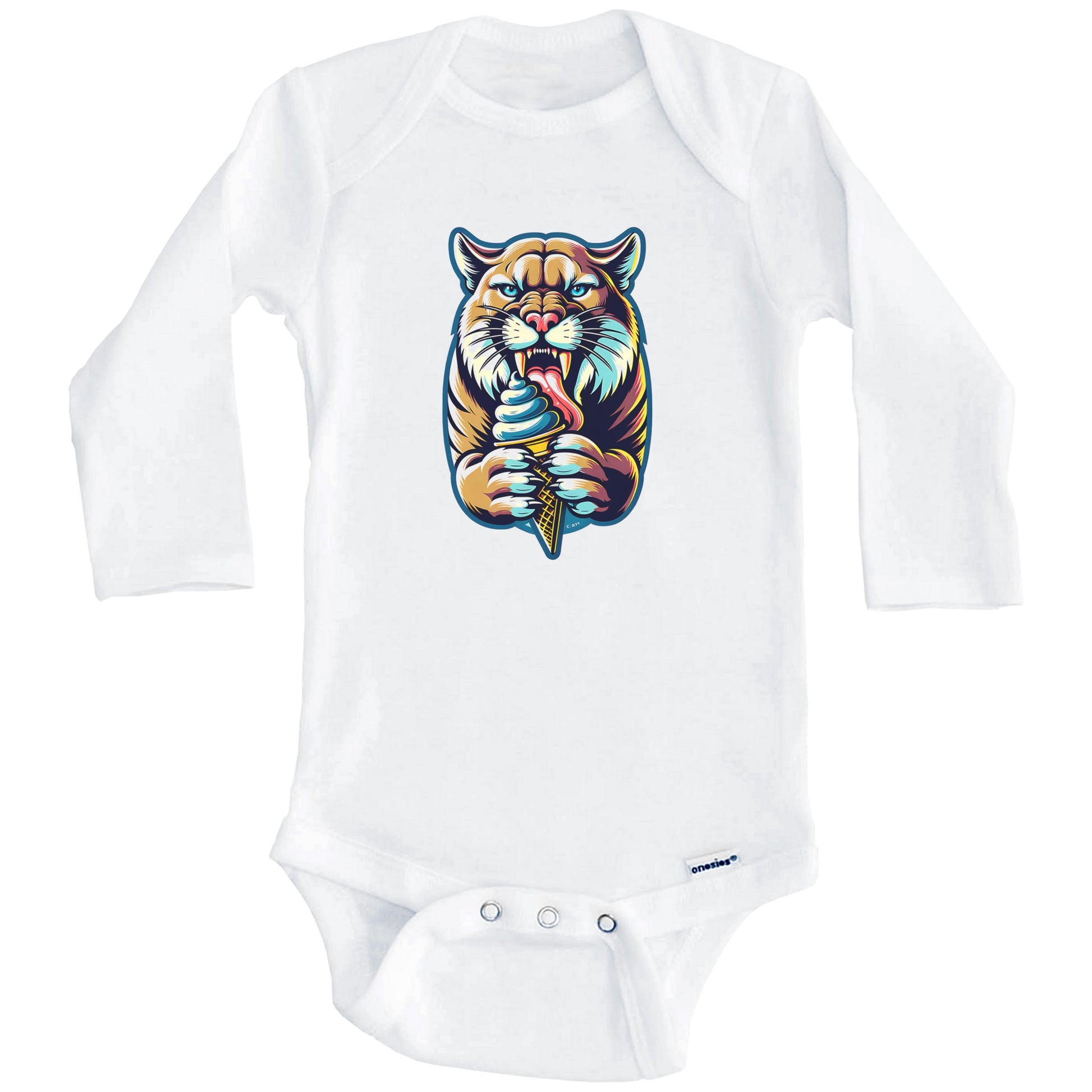 Mountain Lion Eating Ice Cream Funny Cartoon Summer Cougar Baby Bodysuit (Long Sleeves)