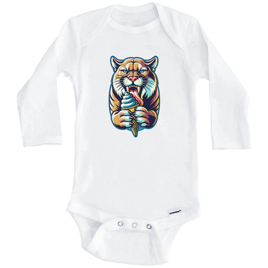 Mountain Lion Eating Ice Cream Funny Cartoon Summer Cougar Baby Bodysuit (Long Sleeves)