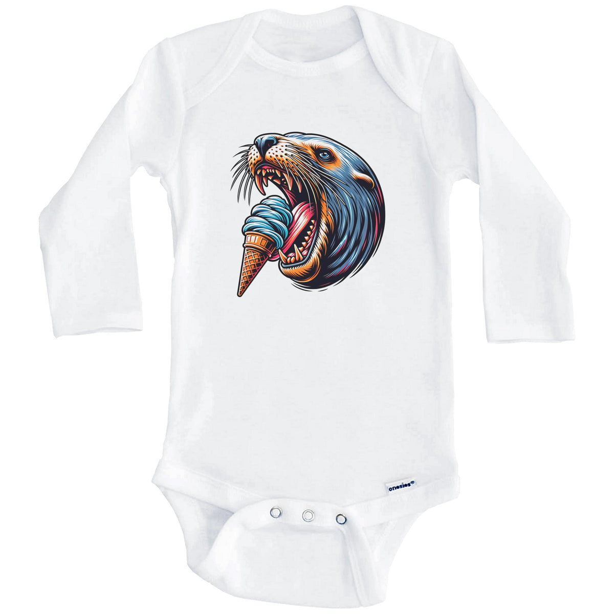 Sea Lion Eating Ice Cream Funny Cartoon Summer Baby Bodysuit (Long Sleeves)
