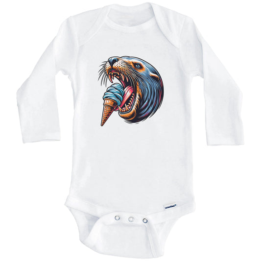 Sea Lion Eating Ice Cream Funny Cartoon Summer Baby Bodysuit (Long Sleeves)