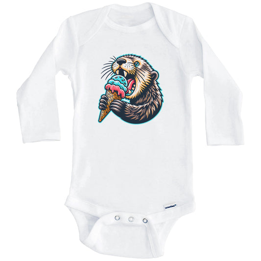 Sea Otter Eating Ice Cream Funny Cartoon Summer Baby Bodysuit (Long Sleeves)