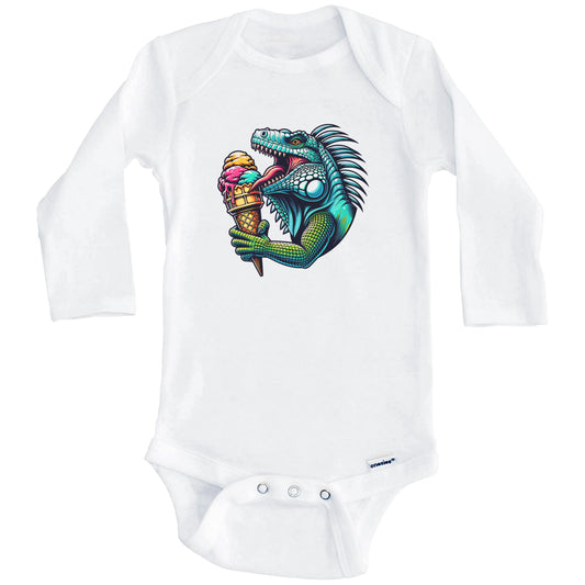 Iguana Eating Ice Cream Funny Cartoon Summer Lizard Baby Bodysuit (Long Sleeves)