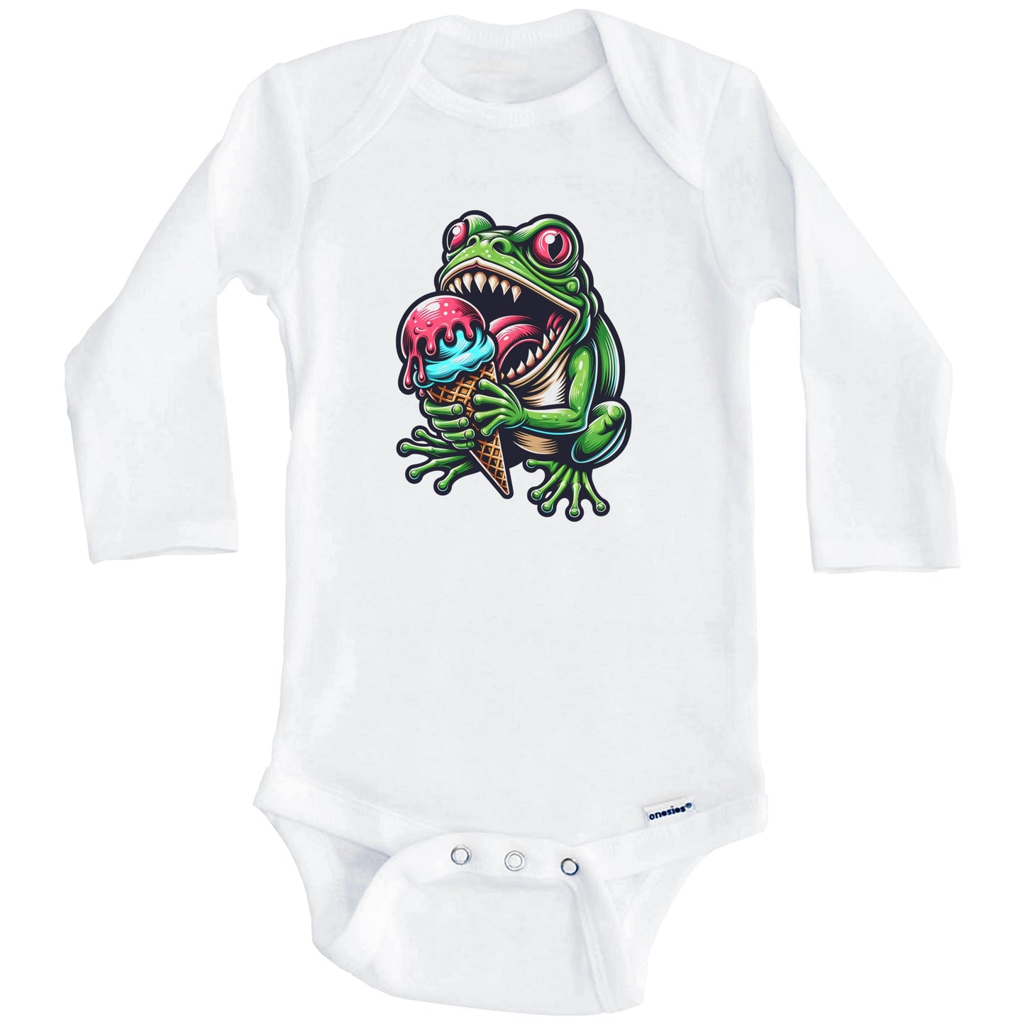 Frog Eating Ice Cream Funny Cartoon Summer Baby Bodysuit (Long Sleeves)