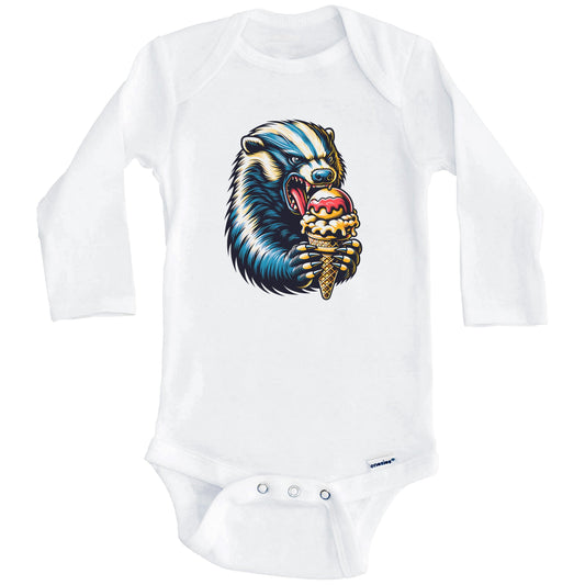 Honey Badger Eating Ice Cream Funny Cartoon Summer Baby Bodysuit (Long Sleeves)
