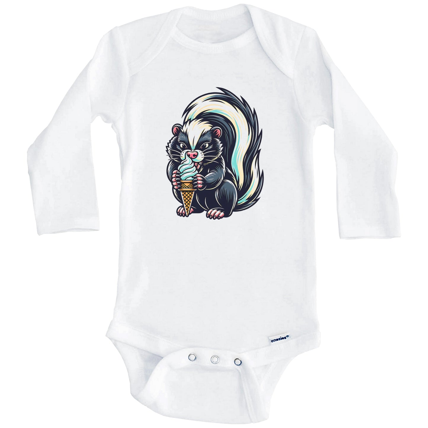 Skunk Eating Ice Cream Funny Cartoon Summer Baby Bodysuit (Long Sleeves)