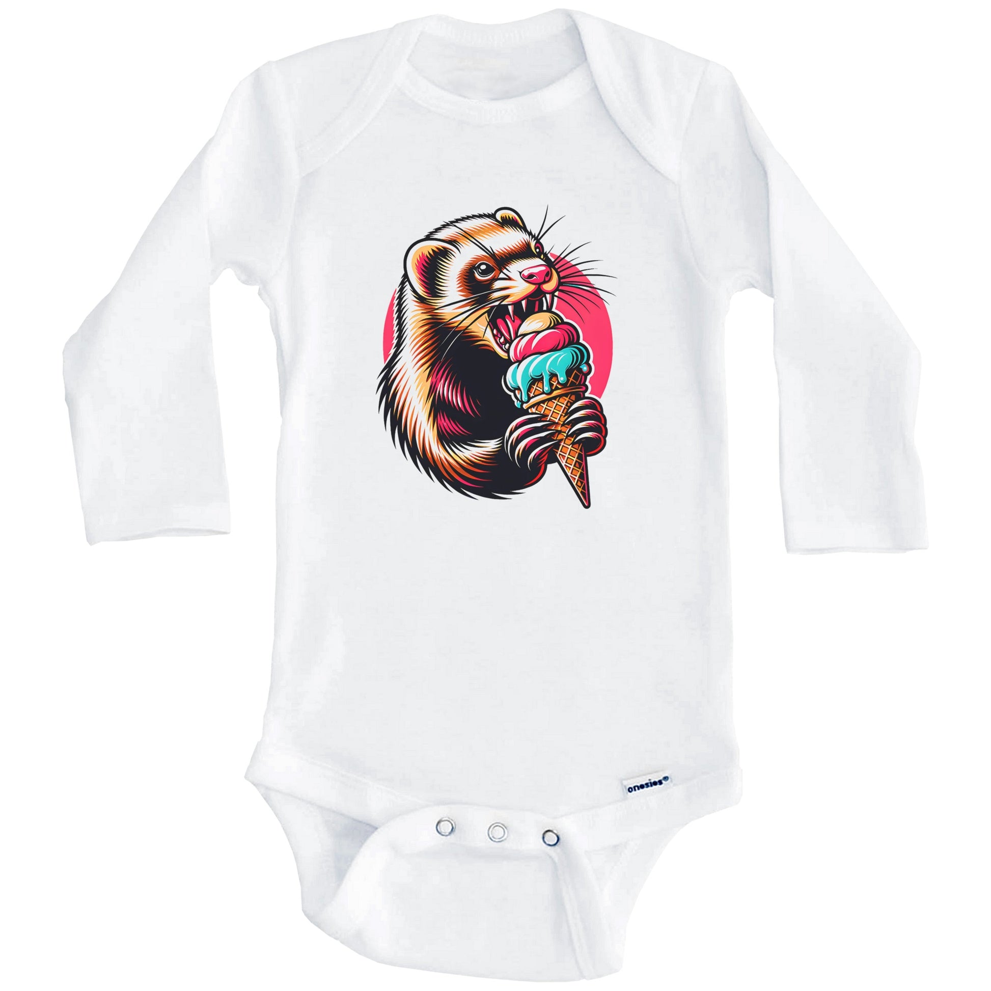 Ferret Eating Ice Cream Funny Cartoon Summer Baby Bodysuit (Long Sleeves)