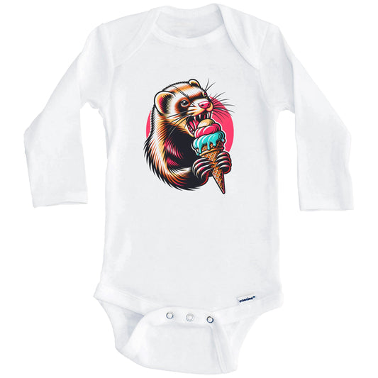 Ferret Eating Ice Cream Funny Cartoon Summer Baby Bodysuit (Long Sleeves)