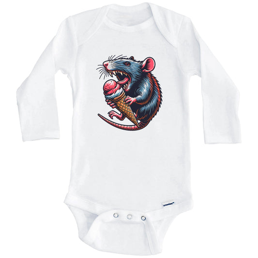 Rat Eating Ice Cream Funny Cartoon Summer Baby Bodysuit (Long Sleeves)