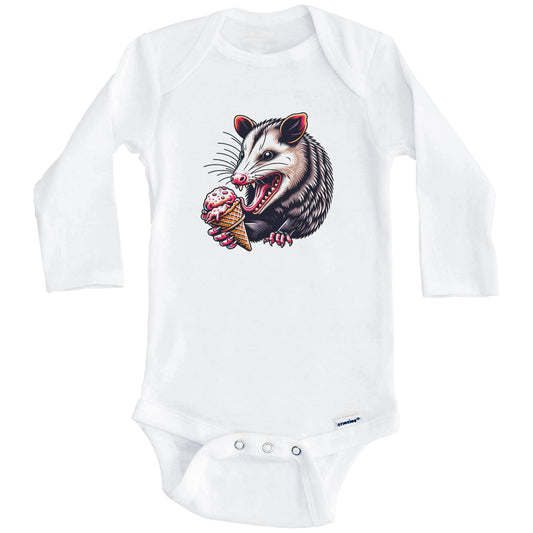 Opossum Eating Ice Cream Funny Cartoon Summer Baby Bodysuit (Long Sleeves)