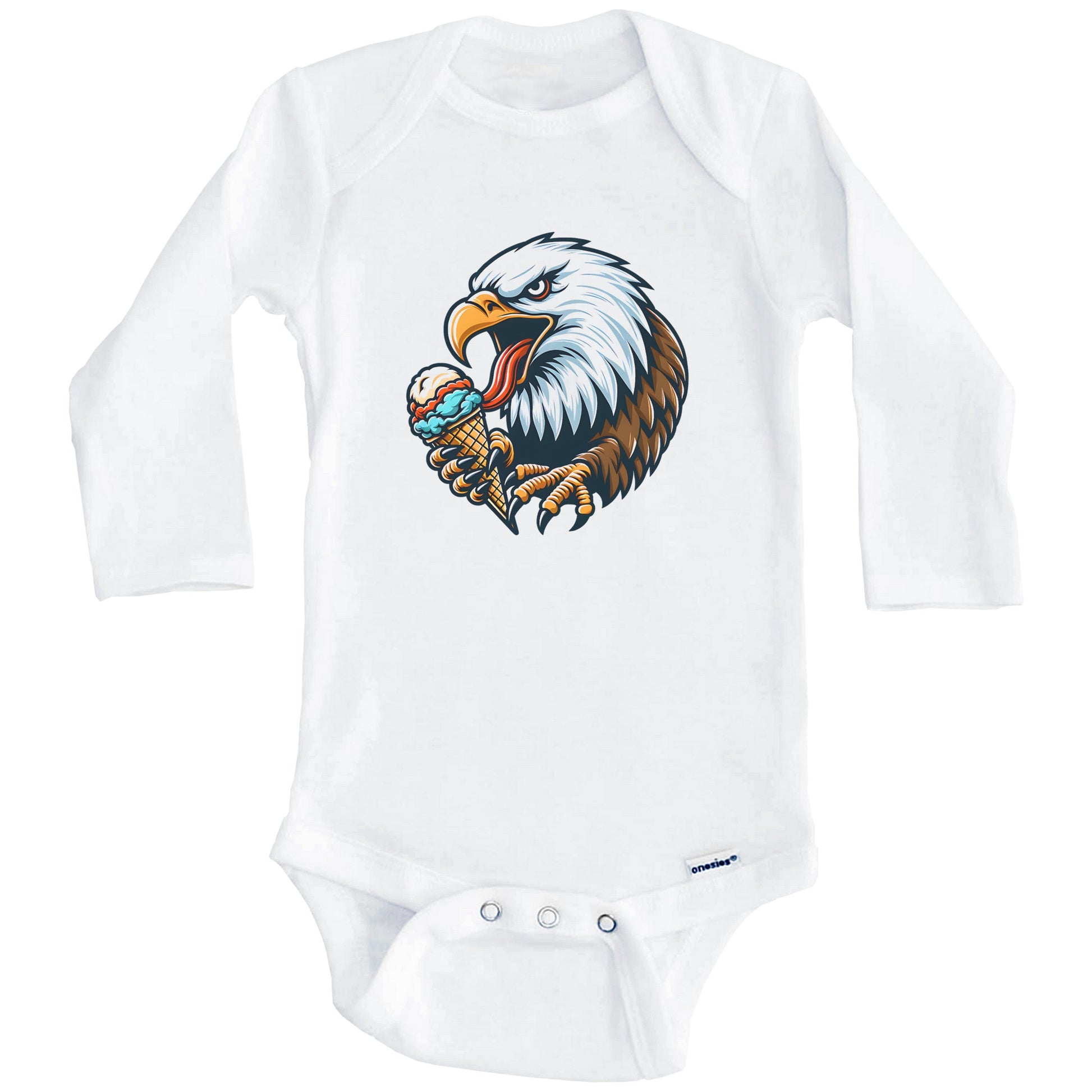 Bald Eagle Eating Ice Cream Funny Cartoon Summer Baby Bodysuit (Long Sleeves)