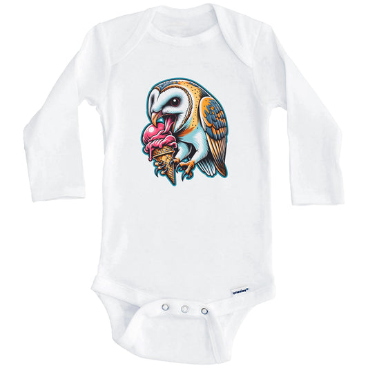 Barn Owl Eating Ice Cream Funny Cartoon Summer Baby Bodysuit (Long Sleeves)