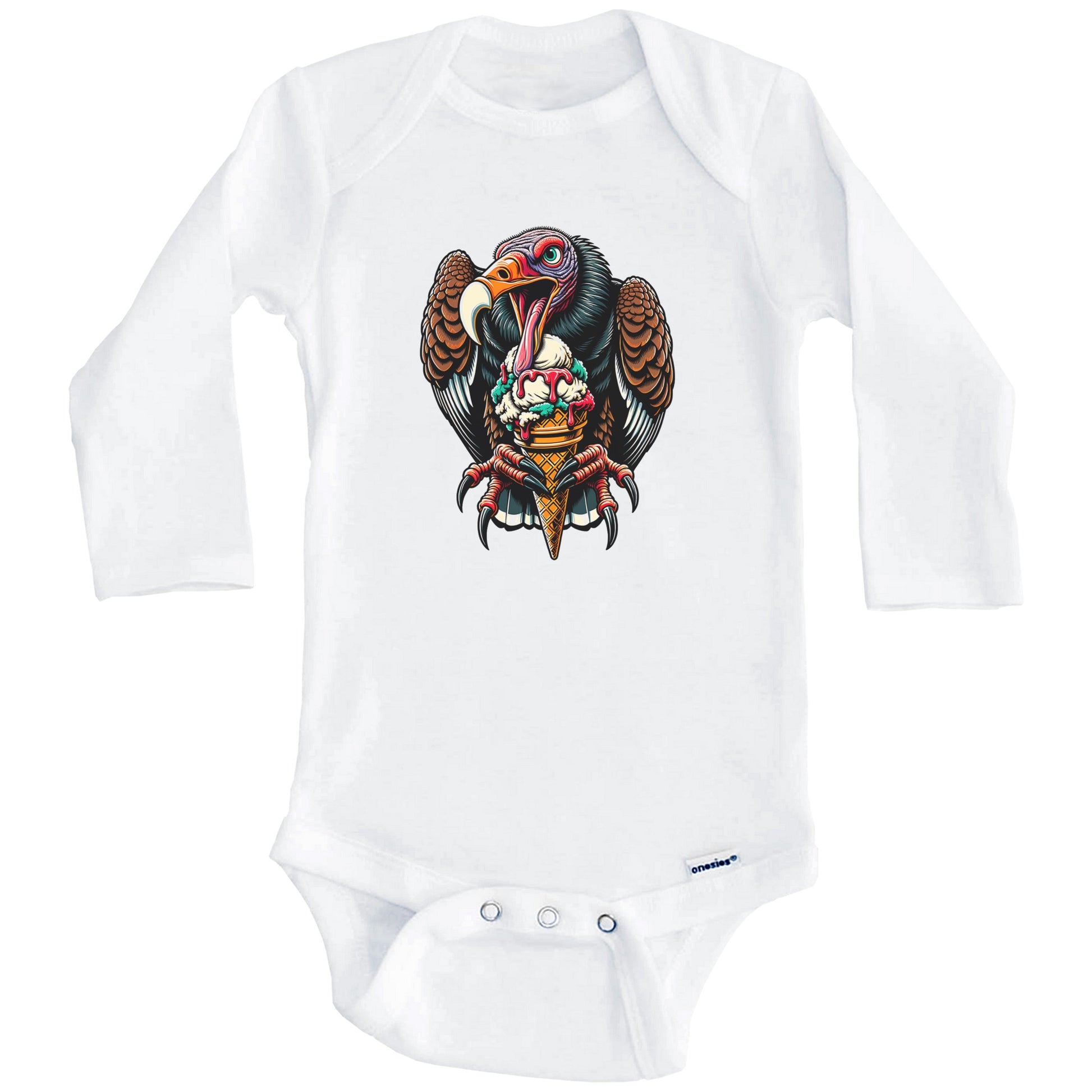 Turkey Vulture Eating Ice Cream Funny Cartoon Summer Baby Bodysuit (Long Sleeves)