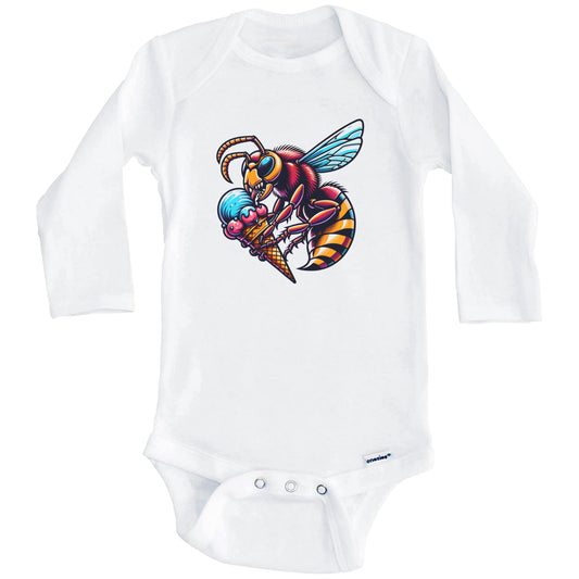 Hornet Eating Ice Cream Funny Cartoon Summer Wasp Bee Baby Bodysuit (Long Sleeves)